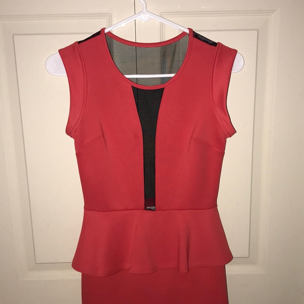Macy’s Coral peplum dress with black mesh (S)